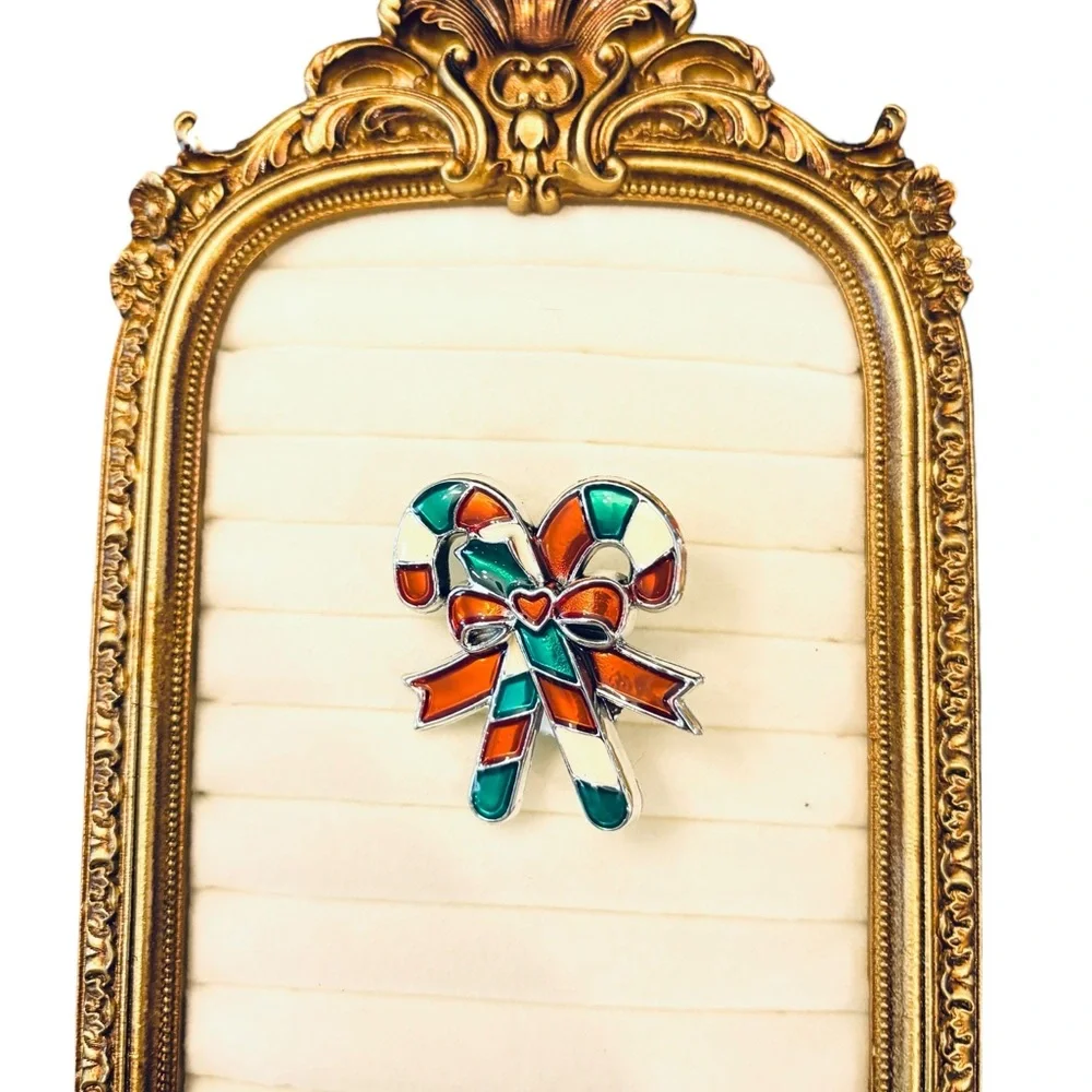 Vintage Christmas Candy Canes‎ Brooch Holiday Jewelry Winter Festive Enamel